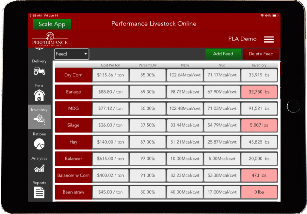 Performance livestock app, inventory detail